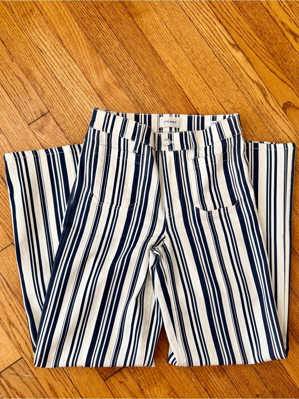 NWOT FRAME Le Slim Palazzo Navy Stripe High Rise Wide Leg Jeans | Size 27 - Picture 10 of 12